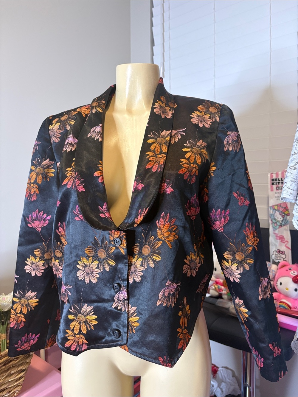 Black Floral Satin Women's Blazer Jacket
